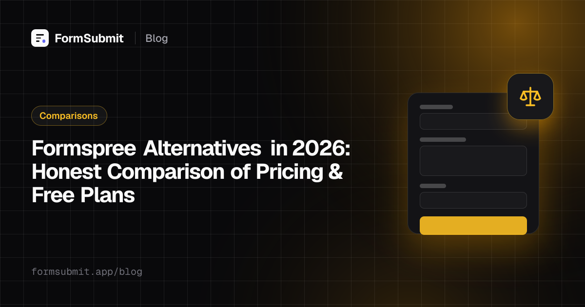 Pricing and free plan comparison table of Formspree alternatives: FormSubmit, Web3Forms, Forminit, Basin, Formspark and Netlify Forms